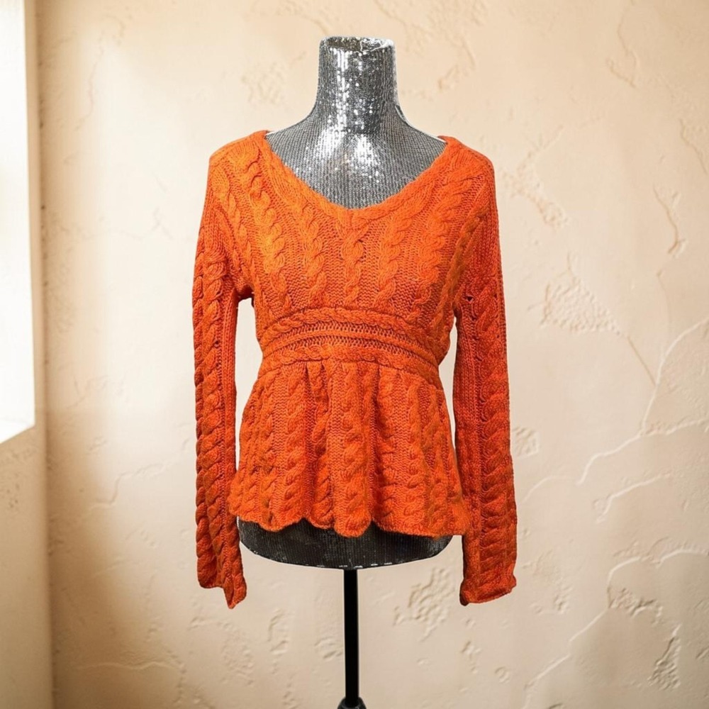 Y2K Burnt Orange Wool Cable Knit Peplum Sweater Large Flare Sleeve Cottagecore